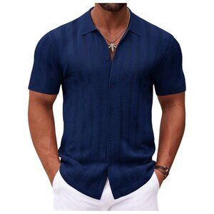 Coofandy Mens Knit Polo Shirt Sz Medium Navy Blue Retro Guayabera Button Down